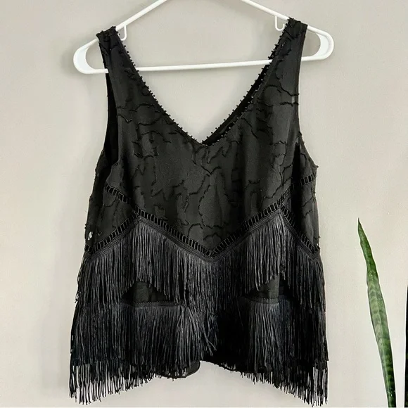 Anthropologie HD in Paris Tiered Fringe Sleeveless Blouse Black 4 - Picture 8 of 10